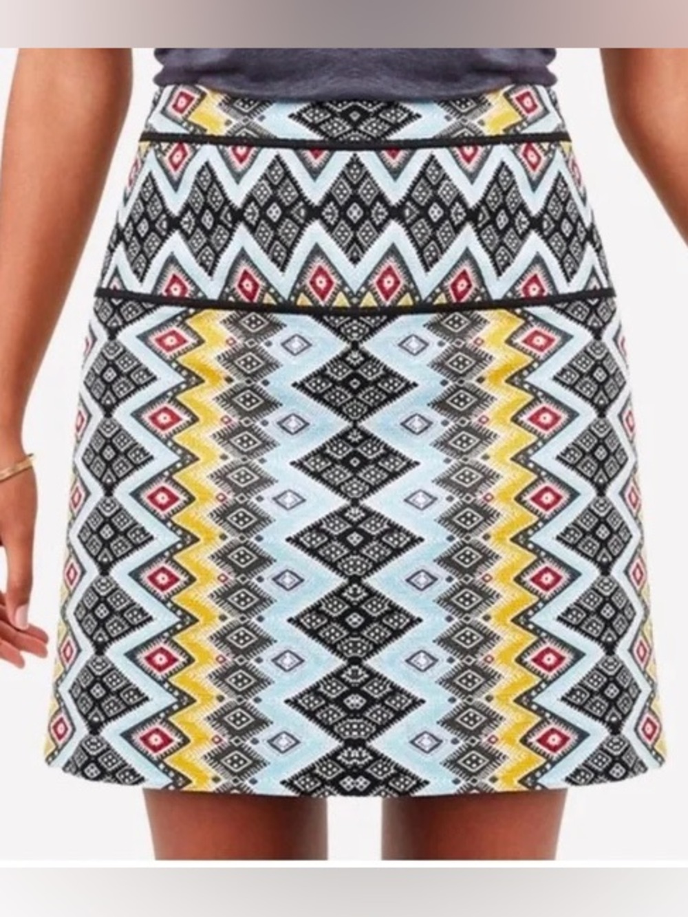 LOFT Geometric A-Line Skirt in Light Blue, Yellow, Black & Red